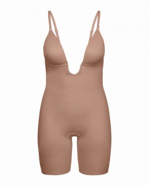 Body Spanx Suit Your Fancy Plunge Low-Back Mid-Thigh Cafe Au Lait | 6295143-ZA
