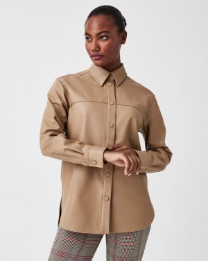 Topy Spanx Læder-Like Oversized Shacket Toffee | 5093278-XF