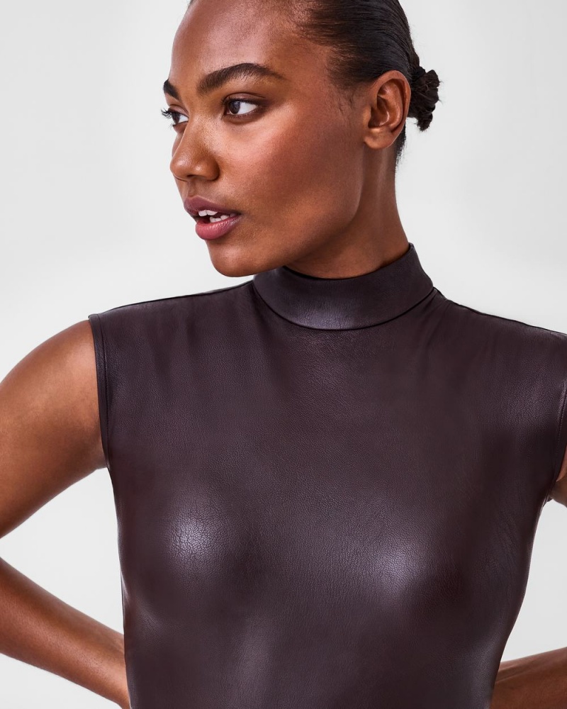 Body Spanx Læder-Like Mock Neck Růžové Čokolády | 0564372-YT