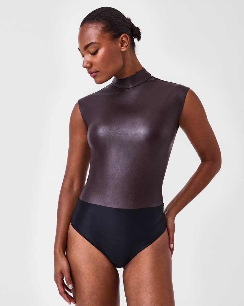 Body Spanx Læder-Like Mock Neck Růžové Čokolády | 0564372-YT