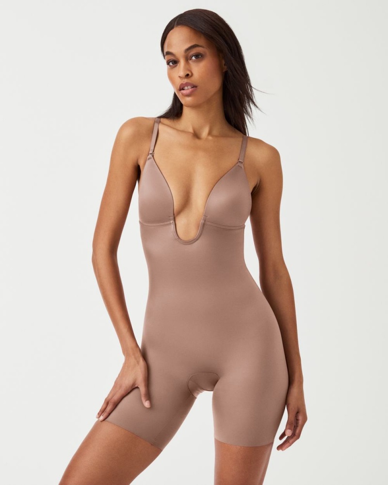 Body Spanx Suit Your Fancy Plunge Low-Back Mid-Thigh Cafe Au Lait | 6295143-ZA