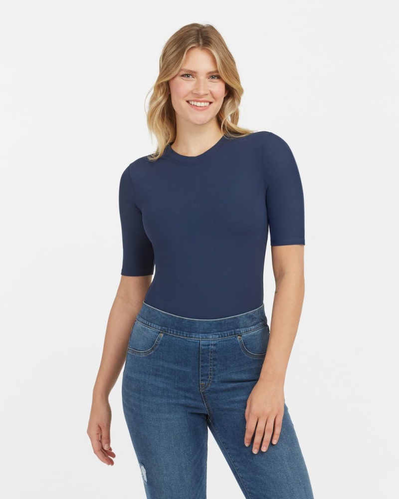 Body Spanx Suit Yourself Žebrovaný Crew Neck Krátké Sleeve Tmavě Blankyt | 9164273-OG