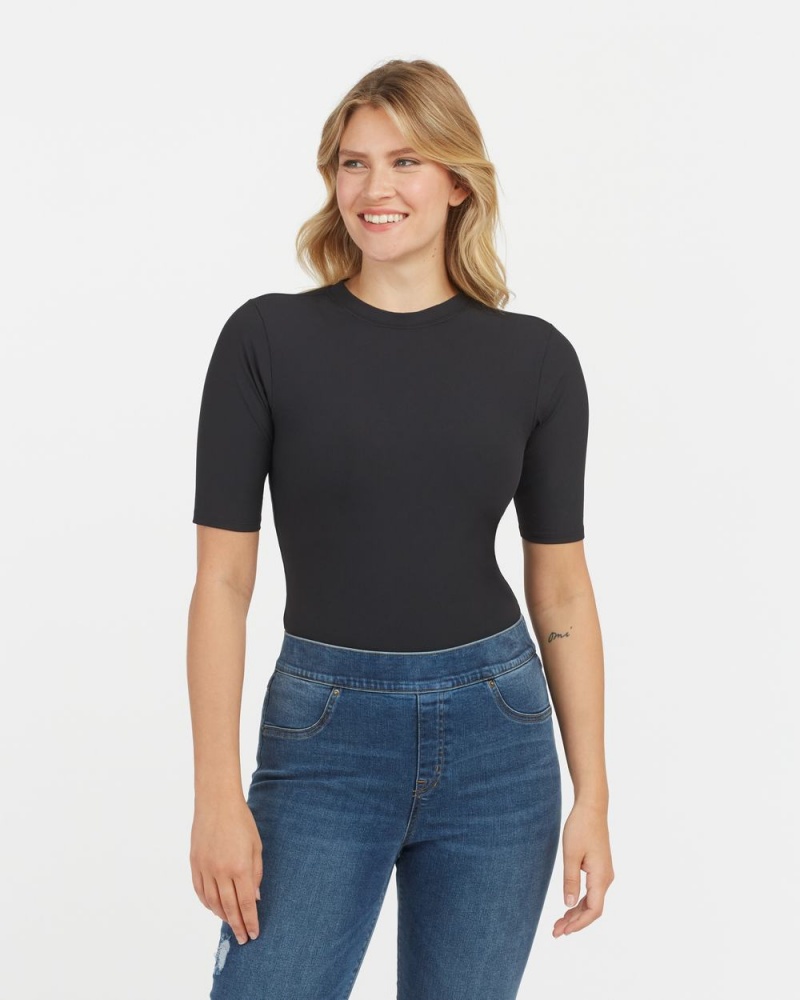 Body Spanx Suit Yourself Žebrovaný Crew Neck Krátké Sleeve Černé | 8230751-EB