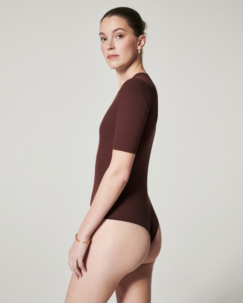 Body Spanx Suit Yourself Žebrovaný Crew Neck Krátké Sleeve Káva | 2463785-QG