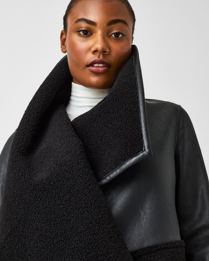 Bundy Spanx Fleece & Faux Læder Long Wrap Černé | 1639582-SM
