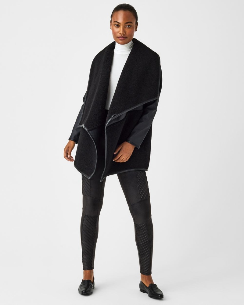 Bundy Spanx Fleece & Faux Læder Long Wrap Černé | 1639582-SM
