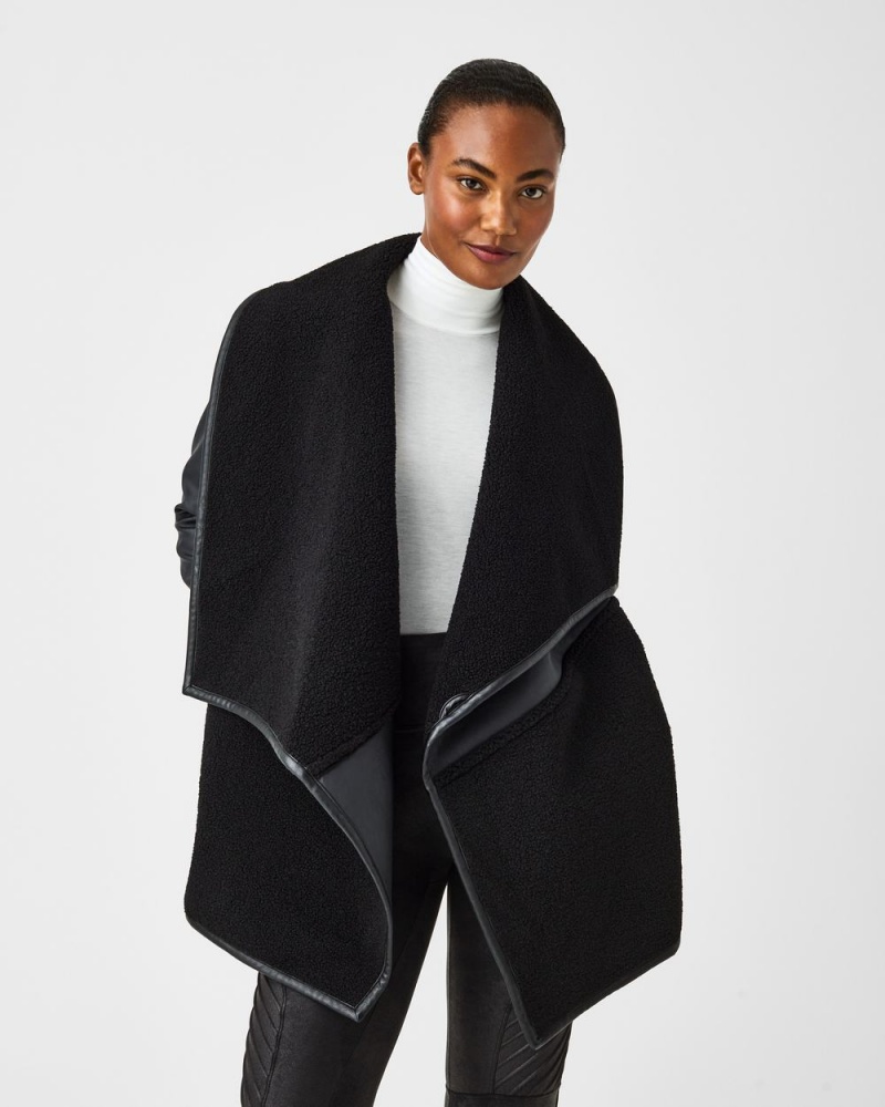 Bundy Spanx Fleece & Faux Læder Long Wrap Černé | 1639582-SM