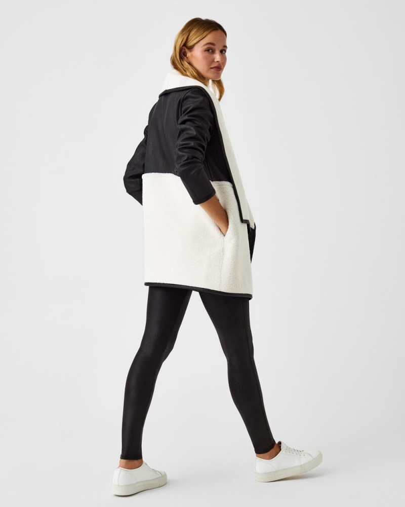 Bundy Spanx Fleece & Faux Læder Long Wrap Černé Bílé | 0759482-JZ