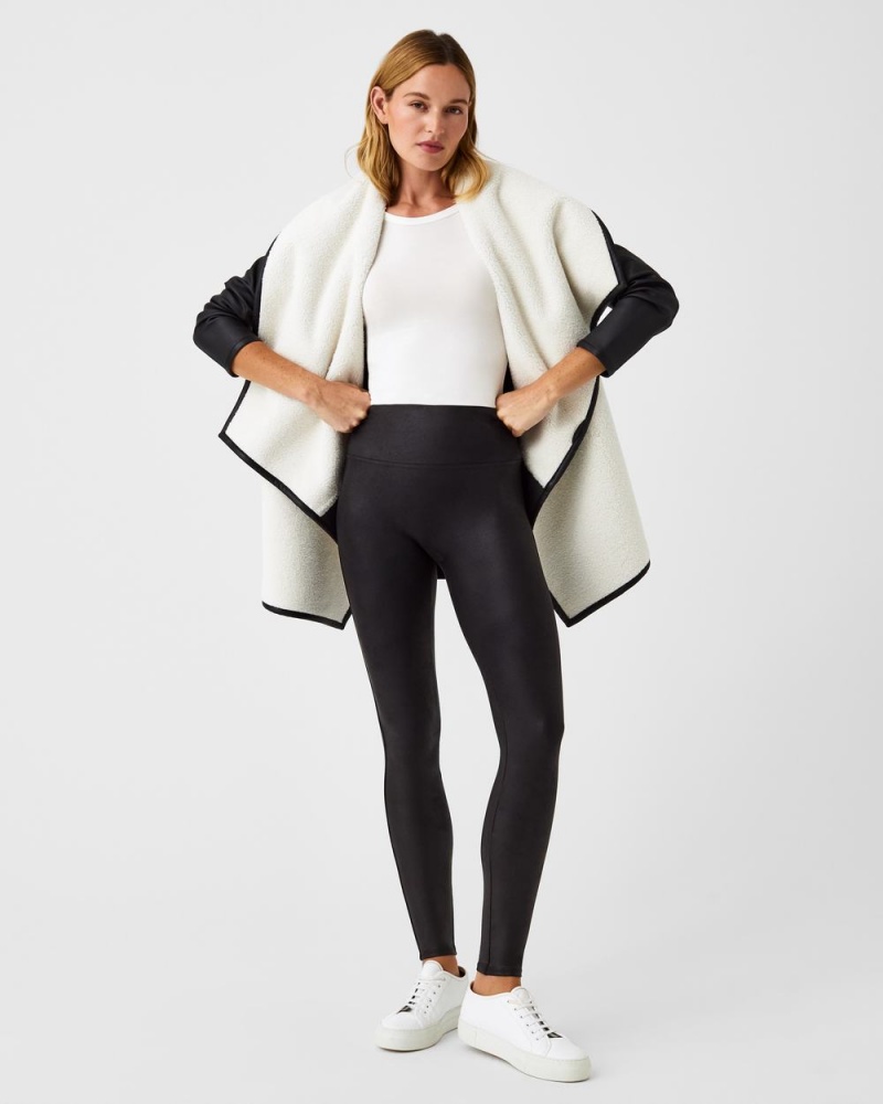 Bundy Spanx Fleece & Faux Læder Long Wrap Černé Bílé | 0759482-JZ