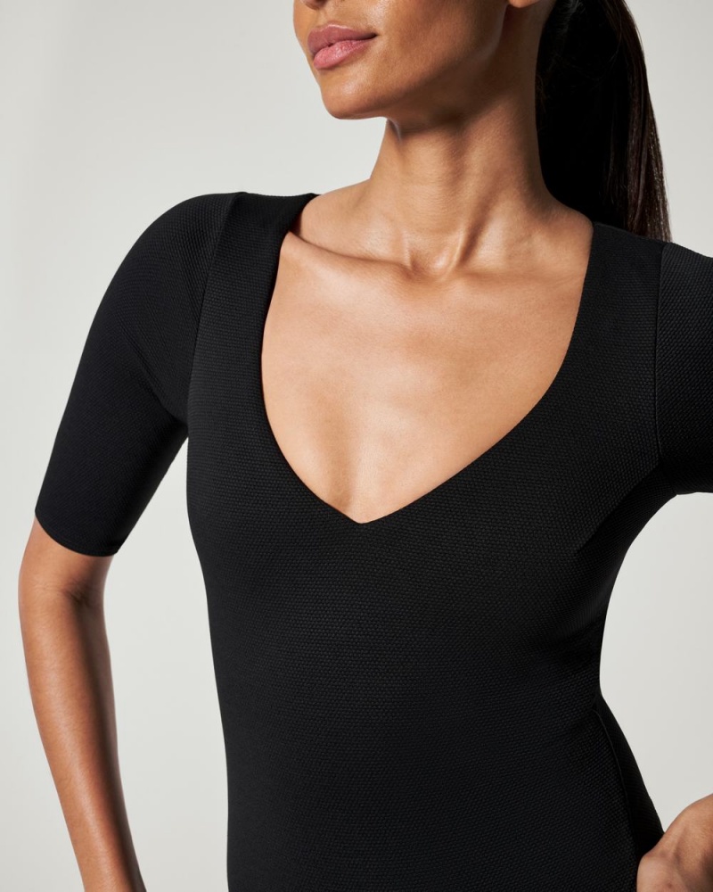 Plavky Spanx Pique Shaping Plunge Krátké Sleeve One Piece Černé | 5698241-UM