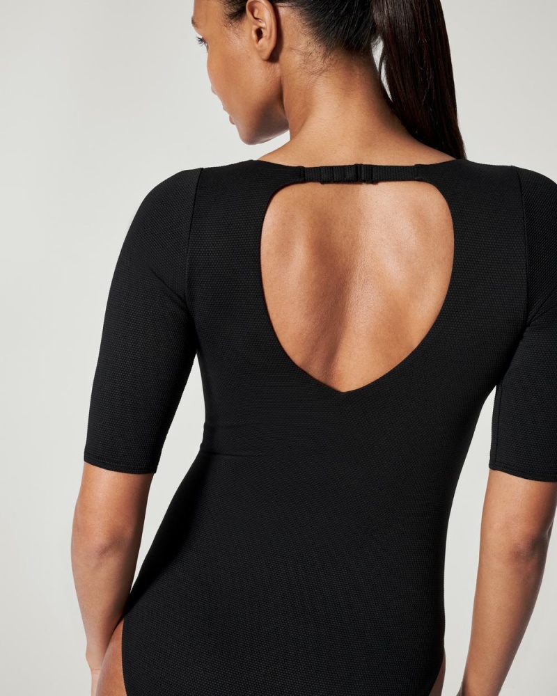 Plavky Spanx Pique Shaping Plunge Krátké Sleeve One Piece Černé | 5698241-UM