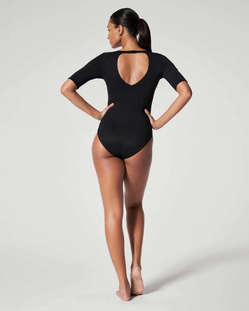 Plavky Spanx Pique Shaping Plunge Krátké Sleeve One Piece Černé | 5698241-UM