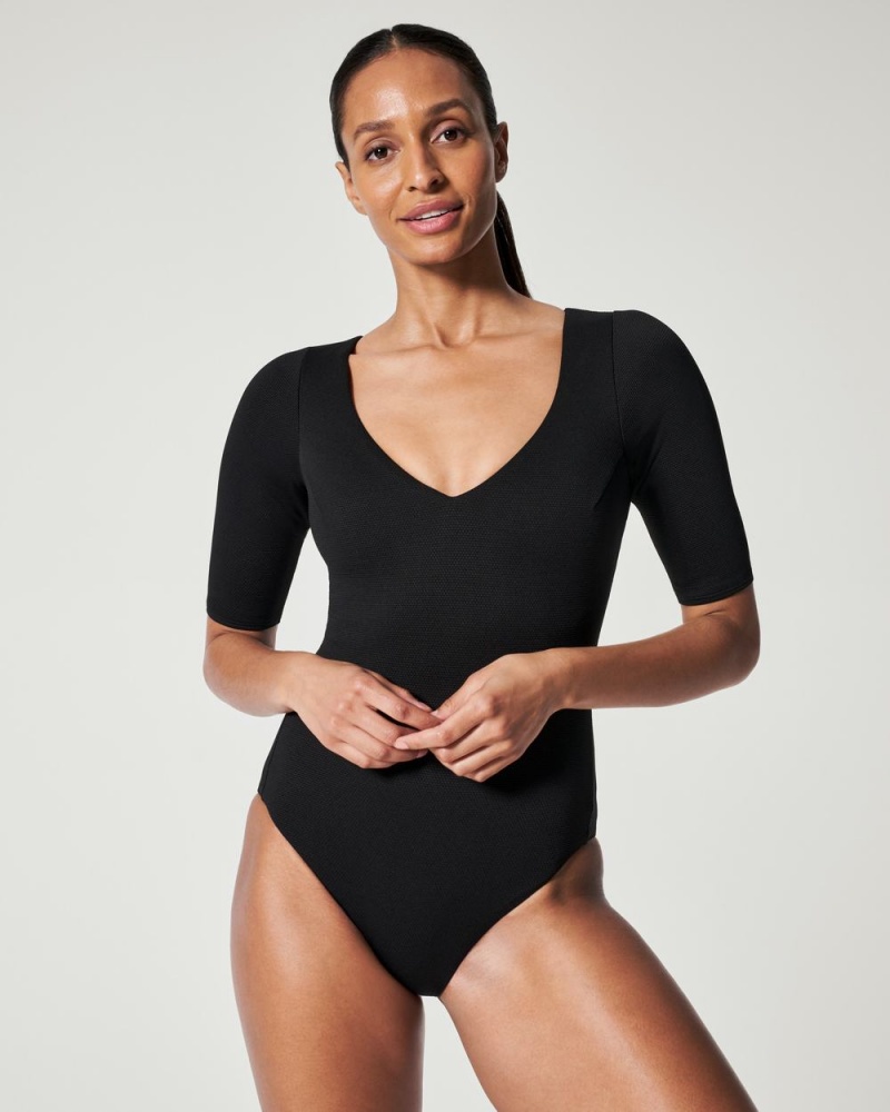 Plavky Spanx Pique Shaping Plunge Krátké Sleeve One Piece Černé | 5698241-UM
