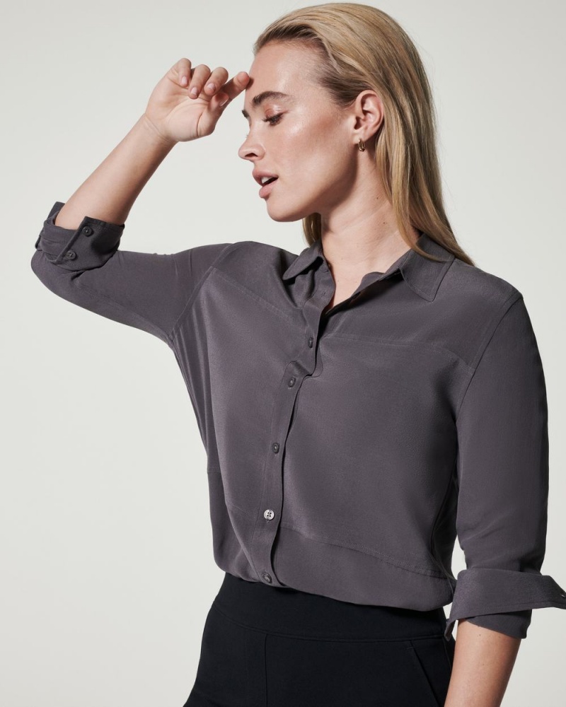 Topy Spanx Low Maintenance Silk Button Down Tmavě Šedé | 8374615-MS