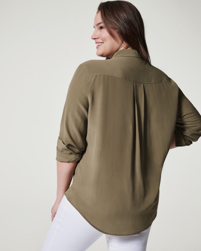 Topy Spanx Low Maintenance Silk Button Down Olivy Zelené | 0523679-OI