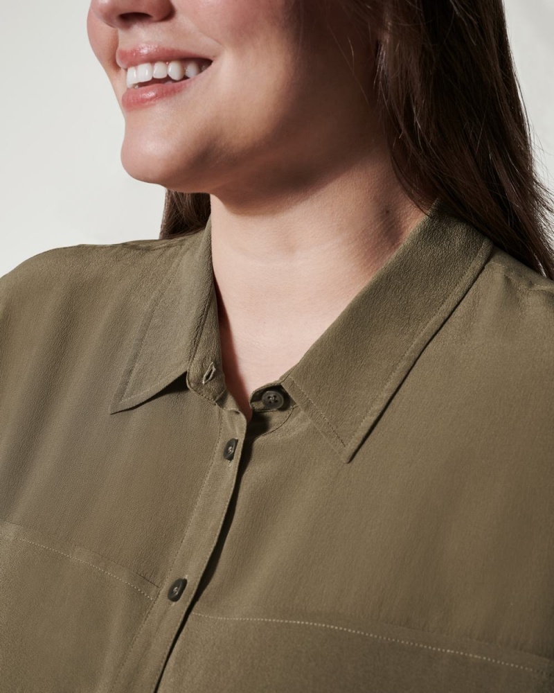 Topy Spanx Low Maintenance Silk Button Down Olivy Zelené | 0523679-OI
