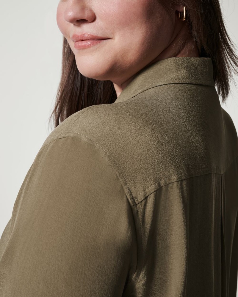 Topy Spanx Low Maintenance Silk Button Down Olivy Zelené | 0523679-OI