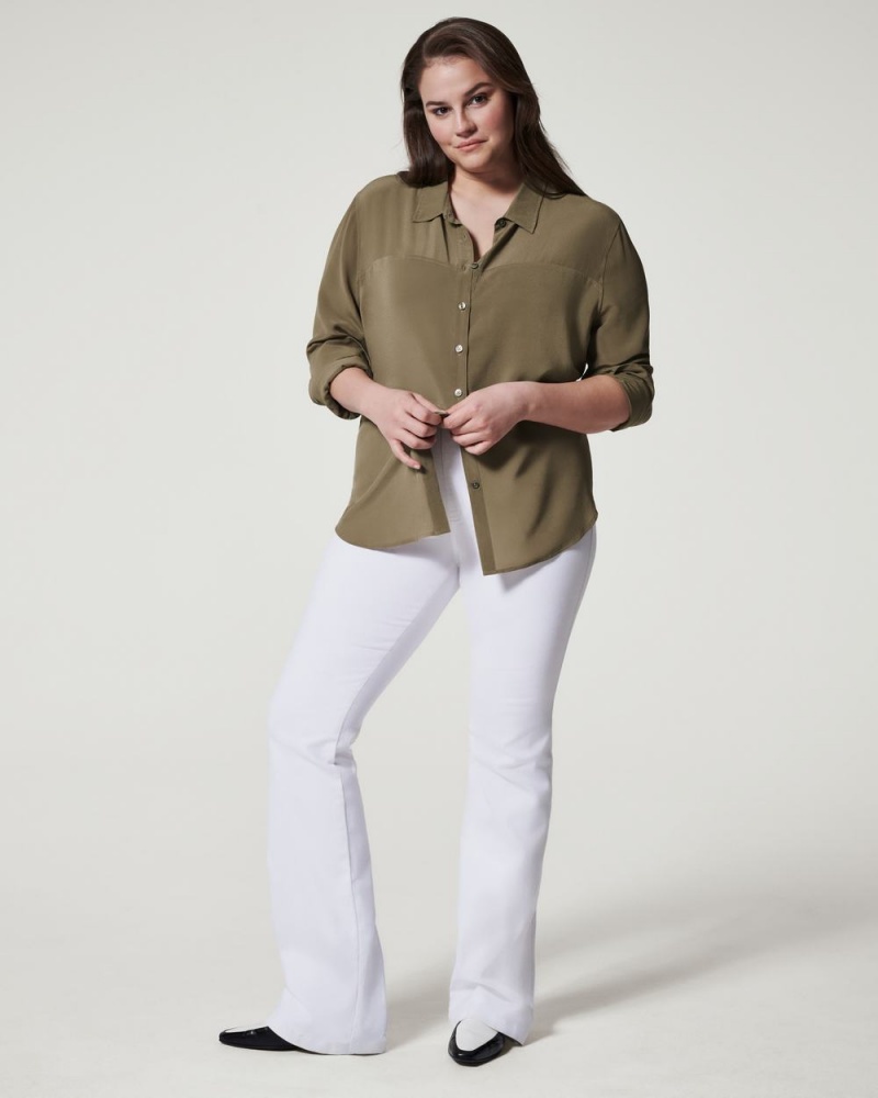 Topy Spanx Low Maintenance Silk Button Down Olivy Zelené | 0523679-OI