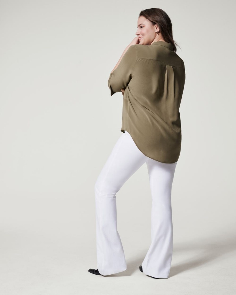 Topy Spanx Low Maintenance Silk Button Down Olivy Zelené | 0523679-OI