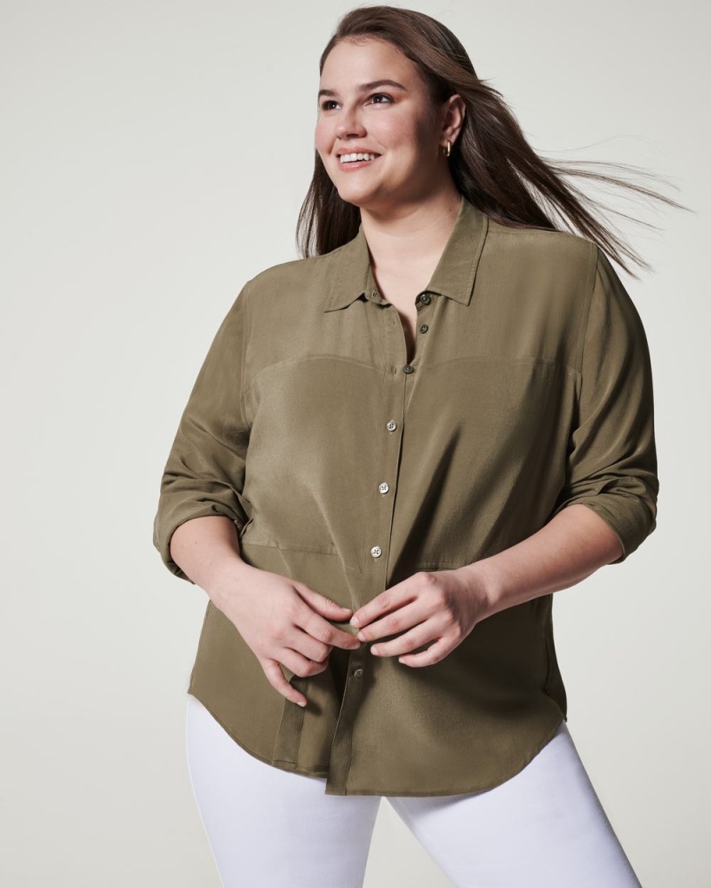 Topy Spanx Low Maintenance Silk Button Down Olivy Zelené | 0523679-OI